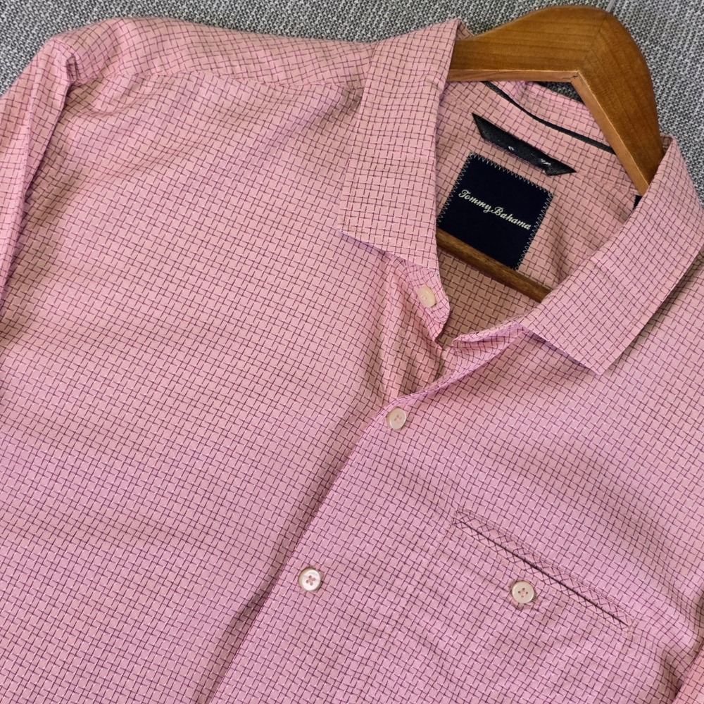 Tommy Bahama Shirt Mens XL Pink Grid Silk Cotton Long Sleeve Button Up Pocket